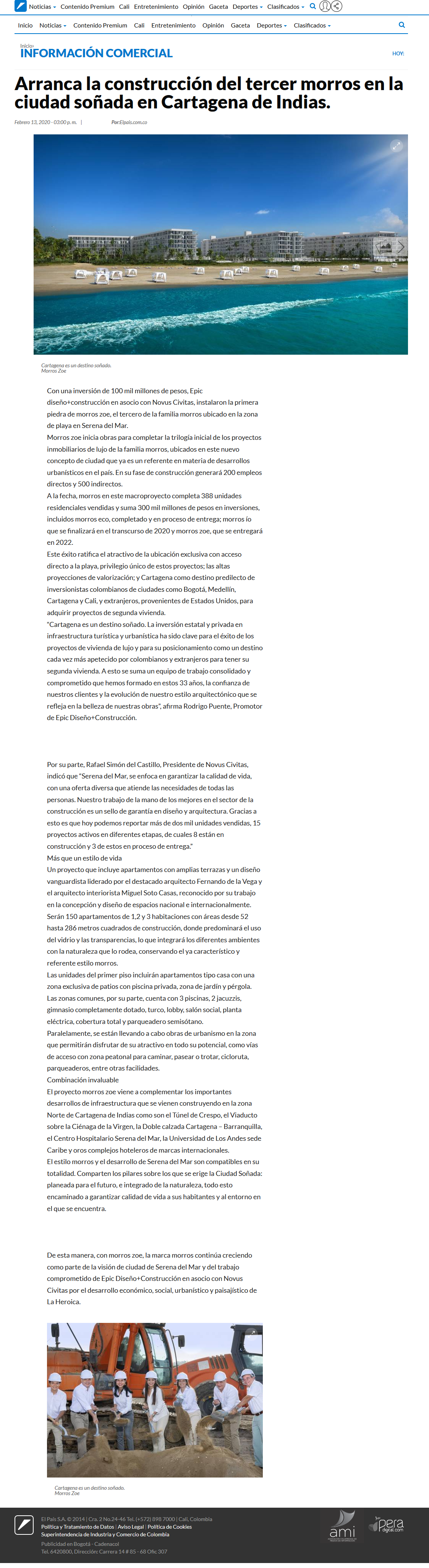 Arranca la construcción del tercer morros en la ciudad soñada en Cartagena de Indias