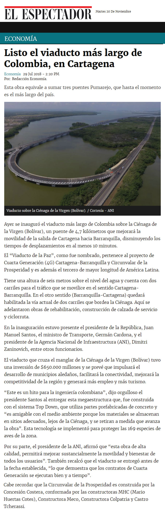 Listo el viaducto más largo de Colombia, en Cartagena